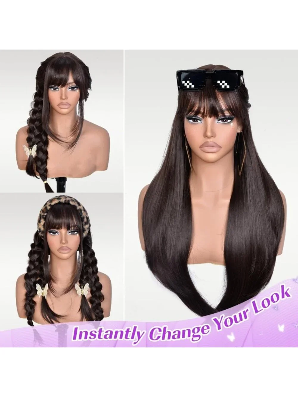 26-Inch Long Brown Layered Wig with Bangs - Straight Synthetic Hair for Women